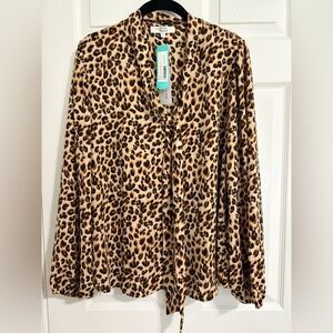Beacon Cheetah Ptint Long Sleeve Notched Collar Blouse